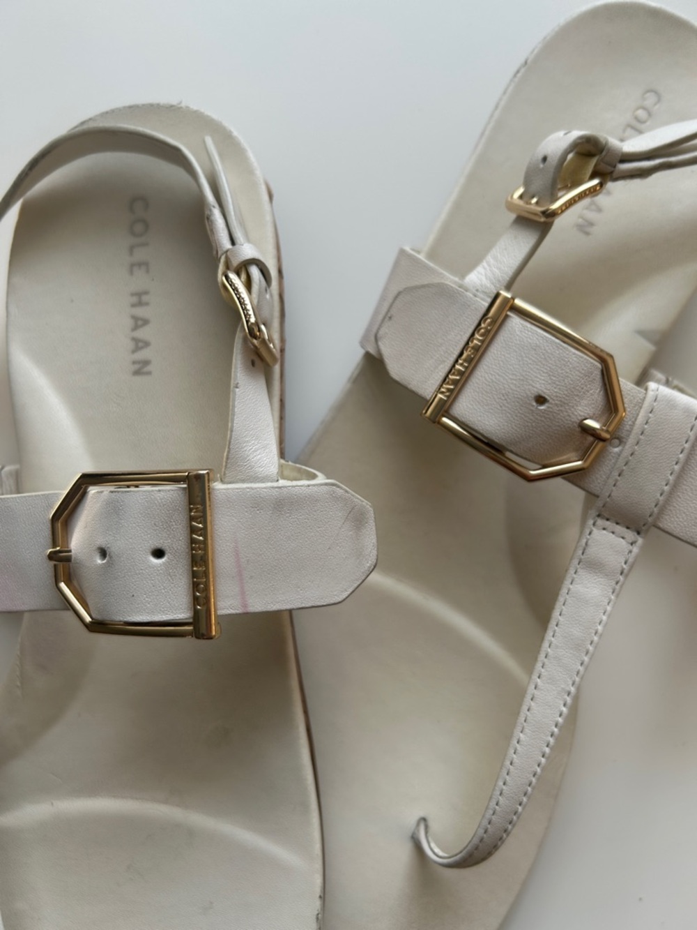 Cole Haan Francine Demi Wedge T-Strap Sandals with Gold Buckles 9B - Picture 11 of 12